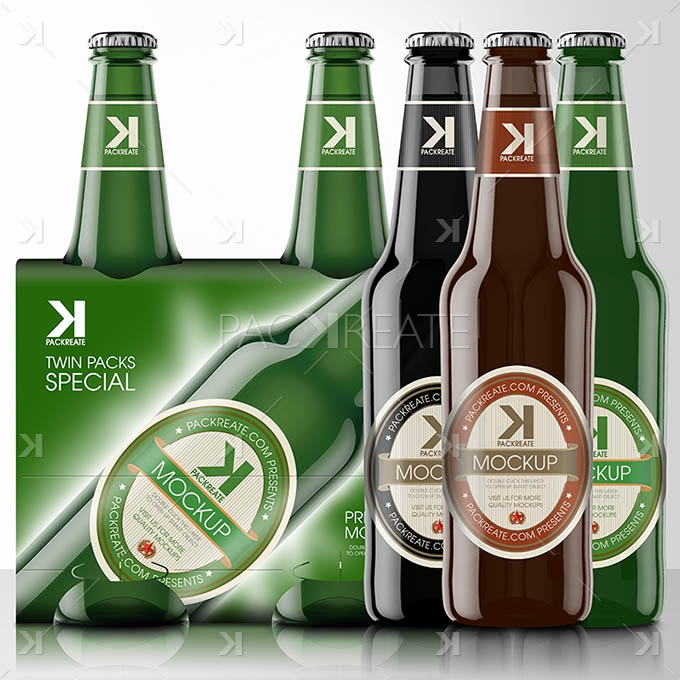 Download Packreate » Beer Mock-Up Bundle - Twin Pack + 3 Beer Bottles